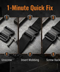 Heavy Duty One Inch Side Release Buckles With Screw Pin For Webbing Straps Two Pack installation steps on a work surface.