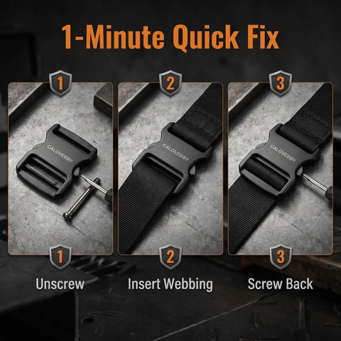 Heavy Duty One Inch Side Release Buckles With Screw Pin For Webbing Straps Two Pack installation steps on a work surface.