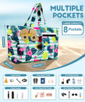 Extra Large Waterproof Beach Bag with Zipper and Wet Compartment featuring colorful tropical design and multiple pockets
