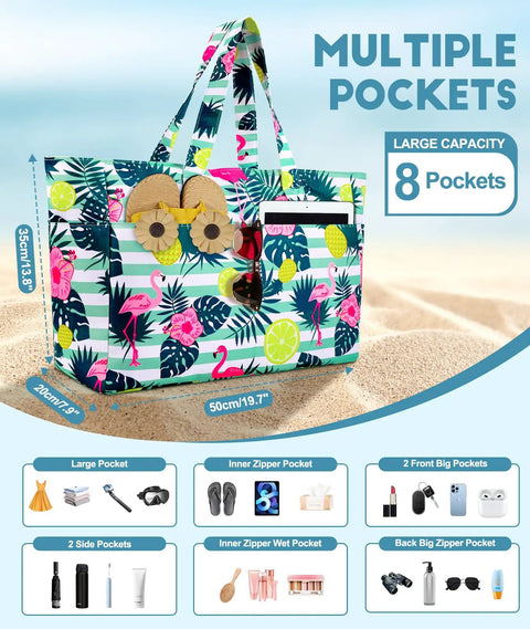 Extra Large Waterproof Beach Bag with Zipper and Wet Compartment featuring colorful tropical design and multiple pockets