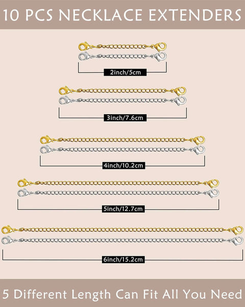 10 Piece Necklace Extender Set With 5 Lengths 2 3 4 5 6 Inches In Gold And Silver Plated Stainless Steel for jewelry making.