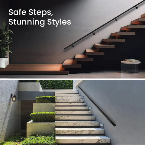Rock Solid Black Textured Aluminum Handrail For Indoor Outdoor Steps No Sweat Diy Stair Railing Kit with modern wooden and marble stairs.