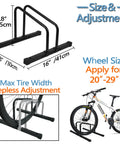 Adjustable Floor Bike Stand For Indoor And Outdoor Use Keeps Your Ride Steady Fits 20 To 29 Inch Mountain And Road Bikes With Easy Adjustable Width Secure Floor Mount And Compact Storage showcasing measurements and bike fit.
