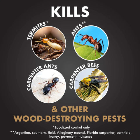 Image showing termites, ants, carpenter ants, and carpenter bees with text highlighting pest control. Termite And Carpenter Ant Killer Concentrate 32 Ounces Outdoor Barrier Spray For Home Defense Against Termites, Carpenter Ants, And Carpenter Bees Around Foundations, Woodpiles, Decks, Fences, Porches And More.