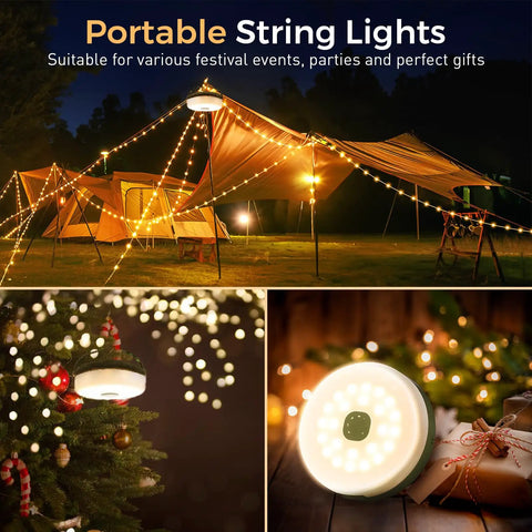 Rechargeable 32.8ft Camping String Lights With 8 Modes Waterproof Portable LED Lamp illuminating tents and trees