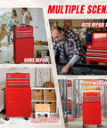 Rolling Garage Tool Organizer With Detachable 3 Drawer Chest And Large Storage Cabinet Adjustable Shelves Red Steel Build shown in various settings like home repair and auto shop.