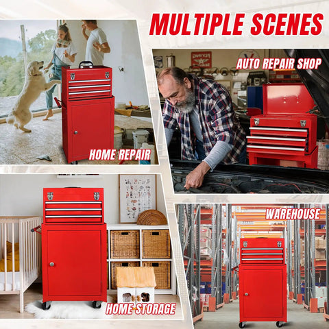 Rolling Garage Tool Organizer With Detachable 3 Drawer Chest And Large Storage Cabinet Adjustable Shelves Red Steel Build shown in various settings like home repair and auto shop.