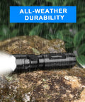 Four Pack LED Flashlights With Included Batteries For Emergency Prep And Camping showcasing all-weather durability on wet rock