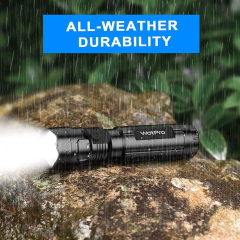 Four Pack LED Flashlights With Included Batteries For Emergency Prep And Camping showcasing all-weather durability on wet rock