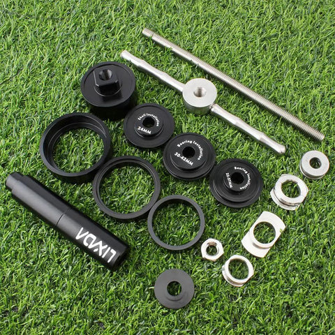Pro Grade Bike Bottom Bracket Press And Removal Tool Kit For BB86 BB30 BB91 BB92 PF30 with aluminum and steel components on grass
