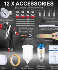 Top Tier LVLP Air Spray Gun Kit With Four Quick Swap Tips And A Roomy Six Hundred Milliliter Cup, includes 12 accessories for versatile use.