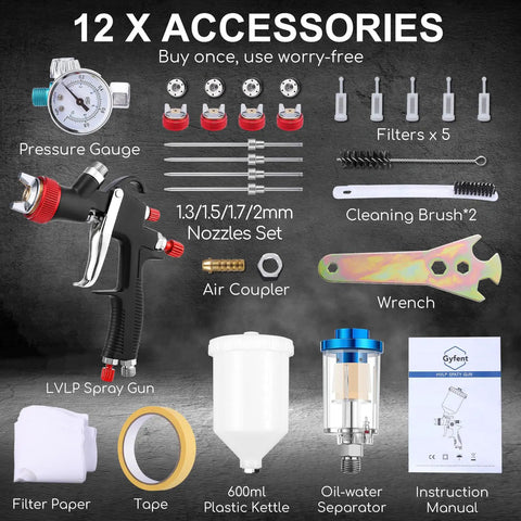 Top Tier LVLP Air Spray Gun Kit With Four Quick Swap Tips And A Roomy Six Hundred Milliliter Cup, includes 12 accessories for versatile use.