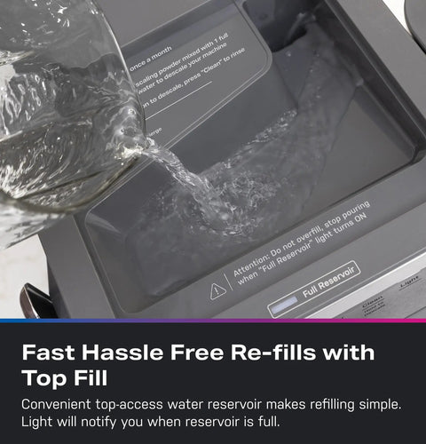 Legit Nugget Ice Maker pouring water into the top fill reservoir, highlighting easy refills for portable countertop ice machine.