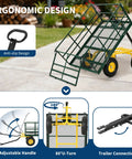 Heavy Duty 4 In 1 Steel Garden Cart with adjustable handle and trailer connection, shown in dumping position on pavement.