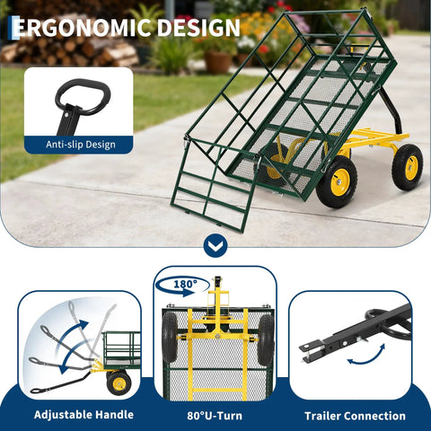 Heavy Duty 4 In 1 Steel Garden Cart with adjustable handle and trailer connection, shown in dumping position on pavement.