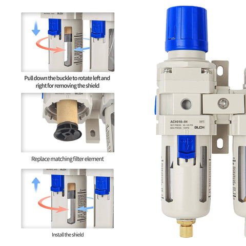 One Half Inch NPT Air Compressor Water Separator With Air Pressure Regulator Filter Lubricator Combo Brass Five Micron Filter