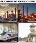 Four images showing applications of Bulk Pack 50 Pcs Rigid Conduit Lock Nuts in power plant, chemical plant, railway, and pier.