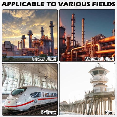 Four images showing applications of Bulk Pack 50 Pcs Rigid Conduit Lock Nuts in power plant, chemical plant, railway, and pier.