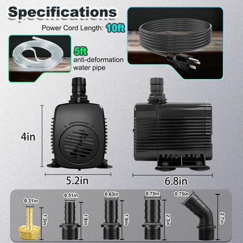 Specifications of Pro Grade 45W Submersible Fountain Pump With 660GPH, 10ft power cord and tubing, side and front view