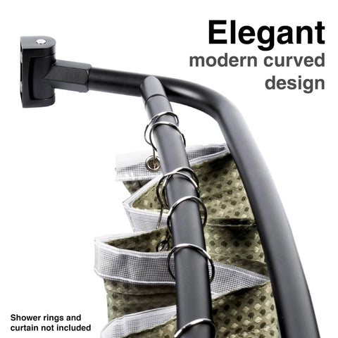 Badass Double Curved Shower Rod With Hella Elbow Room, Heavy Duty Aluminum And Zinc Mounting Hardware, Adjustable 44 To 70 Inches, Sleek Black Finish close-up of modern design with rings.