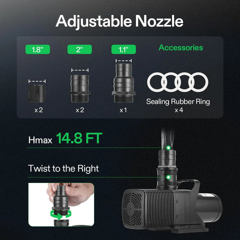 VIVOSUN adjustable nozzle kit for a submersible water pump; adapters (1.8", 2", 1.1") and four rubber seals