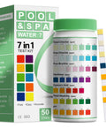 Essential 7 In 1 Pool And Spa Test Strips Kit For 50 Quick No Fuss Readings Of Bromine, PH, Free And Total Chlorine, Total Alkalinity, Hardness, Cyanuric Acid For Pools And Hot Tubs shown with packaging and test strip.