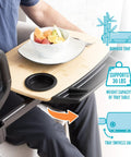 Adjustable Bamboo Tray Table With Ergonomic Safety Handle And Stand, shown with fruit bowl and cup holder, supports up to 250 pounds.