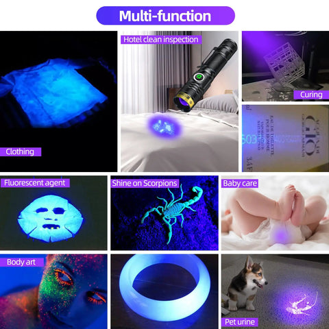 Multi-function uses of 395Nm UV Light Flashlight Powerful 10W USB Rechargeable Portable Blacklight Woods Lamp.