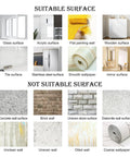 Surface suitability guide for Large Dope Blue Floral Wall Decal Set, showing ideal and non-ideal surfaces like glass and brick.