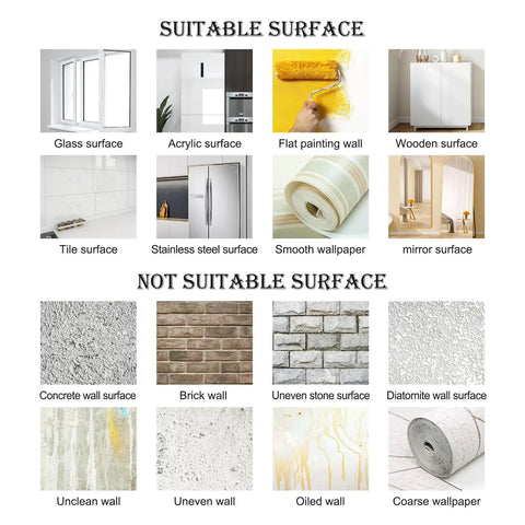 Surface suitability guide for Large Dope Blue Floral Wall Decal Set, showing ideal and non-ideal surfaces like glass and brick.