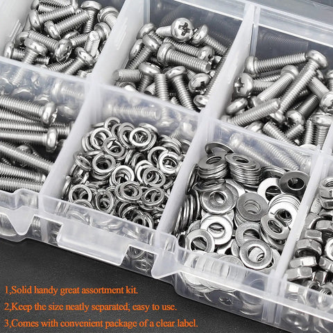 M3 Metric Phillips Pan Head Machine Screws Kit In Six Sizes 6mm 8mm 10mm 12mm 16mm 20mm With Hex Nuts Lock Washers Flat Washers 304 Stainless Steel For DIY Projects Built Tough in transparent organized box.