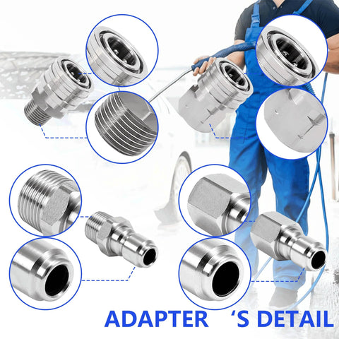 Stainless steel 3/8 in pressure washer adapter set with quick-connect fittings, 8 pieces, male and female NPT.