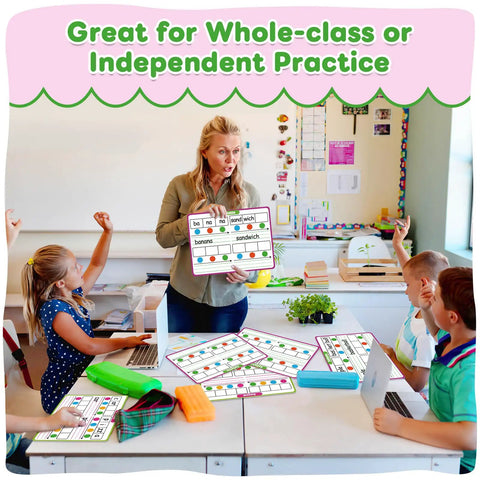 Teacher using 12 Pack Phonemic Awareness Dry Erase Cards 9 By 12 Inch for sound, syllable, and phonics practice with students