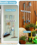 Heavy Duty Wall Mount Mop And Broom Organizer With Five Slots And Four Hooks For Laundry Room Closet Kitchen Garage Storage Keeps Tools Handy And Clutter Free Modern Home Decor in use with cleaning and gardening tools