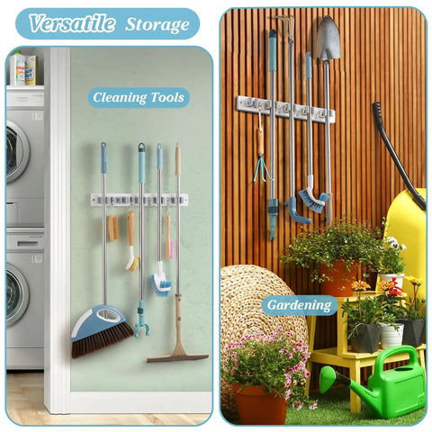 Heavy Duty Wall Mount Mop And Broom Organizer With Five Slots And Four Hooks For Laundry Room Closet Kitchen Garage Storage Keeps Tools Handy And Clutter Free Modern Home Decor in use with cleaning and gardening tools