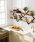 Top Shelf Two Tier Floating Wall Shelves Set Of Two With Sleek Diamond Iron Frame Rustic Brown Metal Decor For Living Room Bedroom Kitchen Home Office That Delivers A Fresh Industrial Vibe And Serious Storage Solutions with kitchen items and fruit.