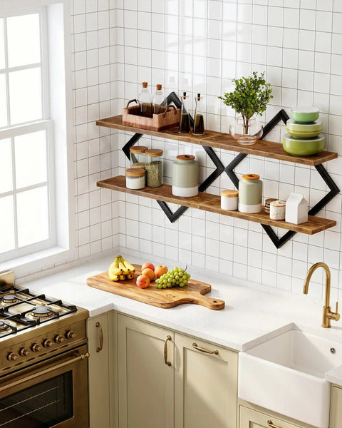 Top Shelf Two Tier Floating Wall Shelves Set Of Two With Sleek Diamond Iron Frame Rustic Brown Metal Decor For Living Room Bedroom Kitchen Home Office That Delivers A Fresh Industrial Vibe And Serious Storage Solutions with kitchen items and fruit.