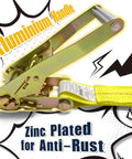 Four Pack Heavy Duty Ratchet Straps With J Hooks Two Inch Wide, Fifteen Feet Long, zinc plated ratchet close-up