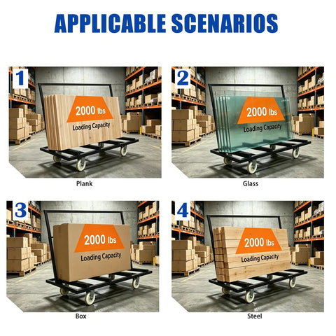 Heavy Duty Folding Table Cart Dolly 1800 Lb Capacity With 4 Swivel Casters transporting planks, glass, boxes, steel in warehouse.