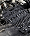 Three Eighths Inch Drive Impact Socket Set, 48 Piece SAE and Metric 6 Point CrV Steel Mechanic Kit open in engine bay