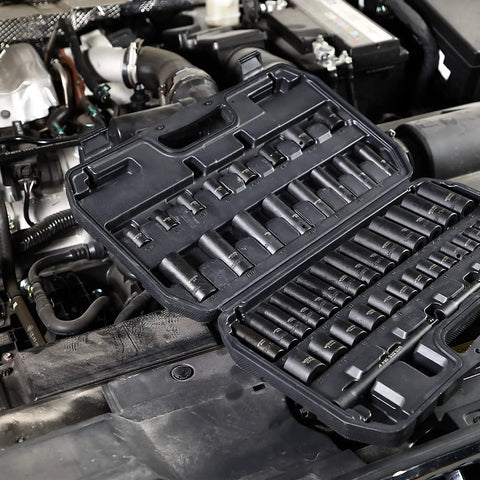Three Eighths Inch Drive Impact Socket Set, 48 Piece SAE and Metric 6 Point CrV Steel Mechanic Kit open in engine bay