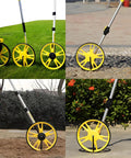 MZZKFC 3.3ft Foldable Mechanical Hand Push Distance Roller Wheel in various outdoor settings measuring distance on grass, gravel, and sand.