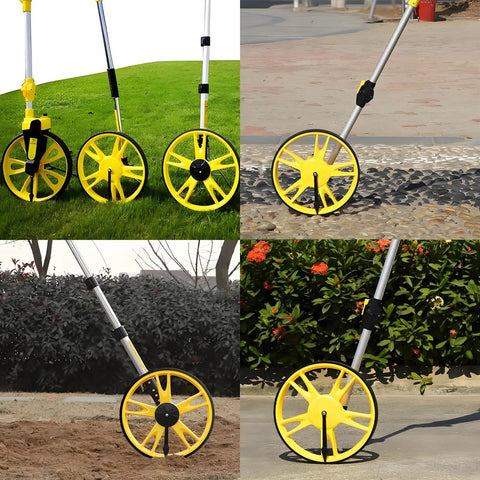 MZZKFC 3.3ft Foldable Mechanical Hand Push Distance Roller Wheel in various outdoor settings measuring distance on grass, gravel, and sand.