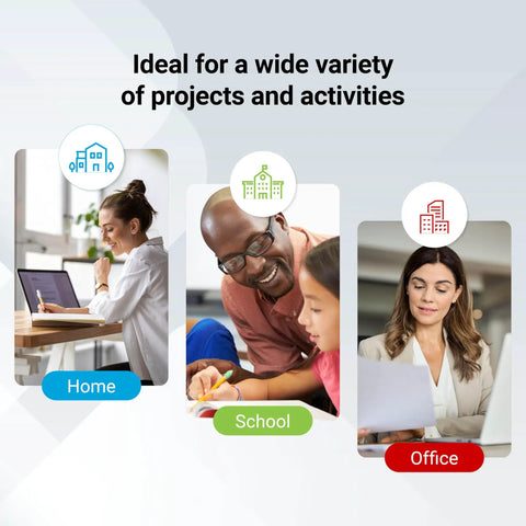 Three images showing uses of XL Four Color Dye Based Ink Value Pack: home office, school project, office work, with text overlay.