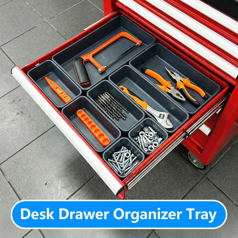 Open tool chest drawer with 68 Piece Tool Box Organizer Set With 5 Size Drawer Inserts For Desk Garage And Workbench