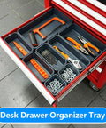 50 Piece Toolbox Organizer Set With Five Sizes For Drawer, Rolling Tool Chest Or Workbench Storage, tools arranged in drawer