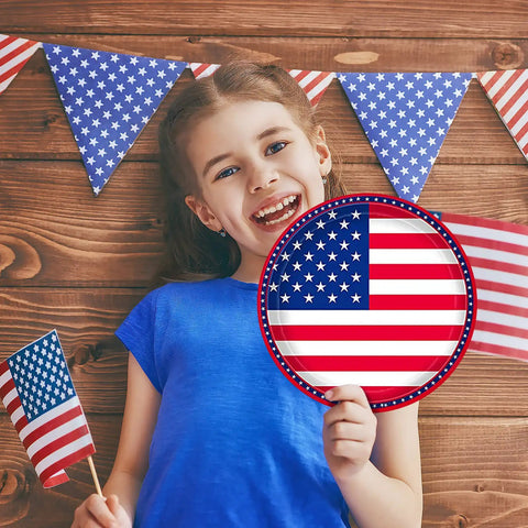 Child holding Patriotic American Flag Party Supplies Party Pack Includes 50 Dinner Plates 50 Stars Napkins And 50 Stripes Napkins