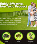 Family in garden with signs for Mole And Vole Repellent With 100 Percent Castor Oil Formula For A Healthy Lawn And Yard