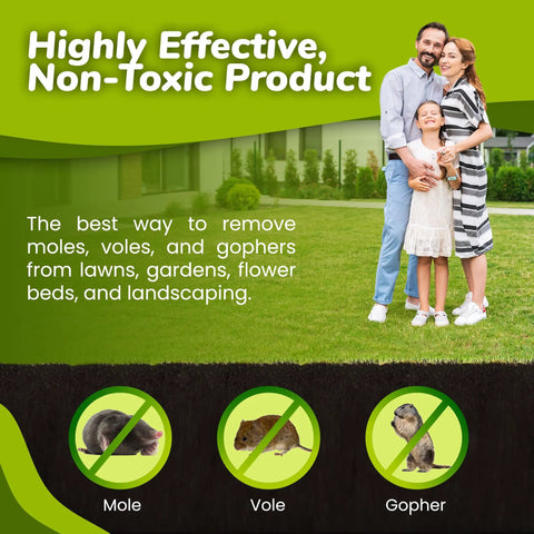 Family in garden with signs for Mole And Vole Repellent With 100 Percent Castor Oil Formula For A Healthy Lawn And Yard
