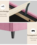 Chic Pink Twin Bed Frame With Plush Upholstered Headboard And Heavy Duty Platform Base featuring Velcro design and triangular feet.